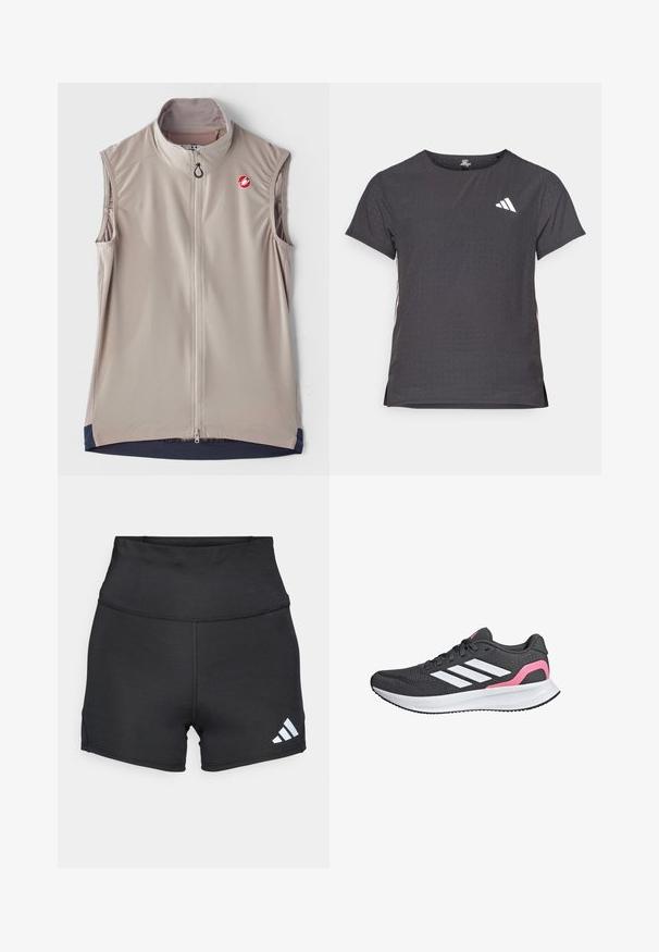 Vaaleanbeige ilmanhihaista liiviä, jossa on korkea kaulus, edessä vetoketju ja tummansiniset yksityiskohdat helman kohdalla. Rinnassa logo. Sujuva kangas.; Lyhythihainen urheilupaita, tummanharmaa, jossa on reikäkudot. Ominaisuuksina valkoinen logo ja kontrastiväriset sivusuunnat. Pyöreä pääntie.; adidas Performance Trikoot - black; Musta urheilukenkä verkkopäällisellä, valkoisella kolmen raidalla, vaaleanpunaisella kantapään yksityiskohdalla ja Cloudfoam-välipohjalla vaimennusta ja tukea varten.