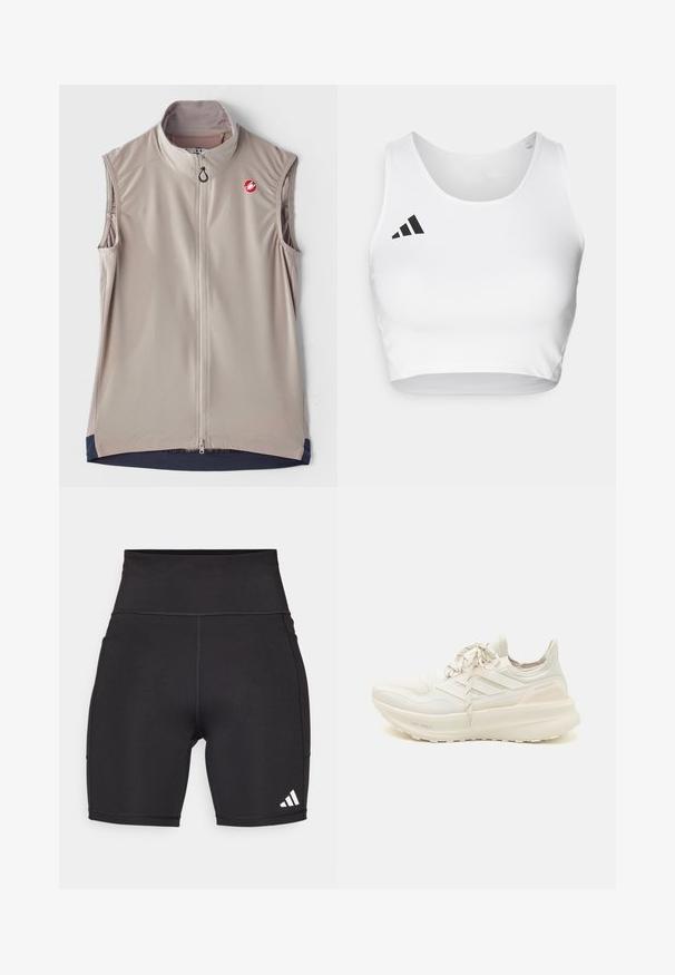 Chaleco sin mangas de color beige claro con cuello alto, cremallera frontal y detalles en azul marino en el dobladillo. Presenta un logo en el pecho. Tejido suave.; Top corto deportivo blanco hecho de tela suave, con un escote redondo y un detalle del logo negro en el lado izquierdo.; Pantalones cortos deportivos negros hechos de tela elástica. Cintura alta, largo hasta midi muslo, con logo de tres rayas blancas en la parte inferior izquierda.; Zapatilla deportiva blanca con un upper texturizado, diseño de tres rayas, ligero acolchado y un acento en el talón de dos colores. Tecnología de suela ligera.