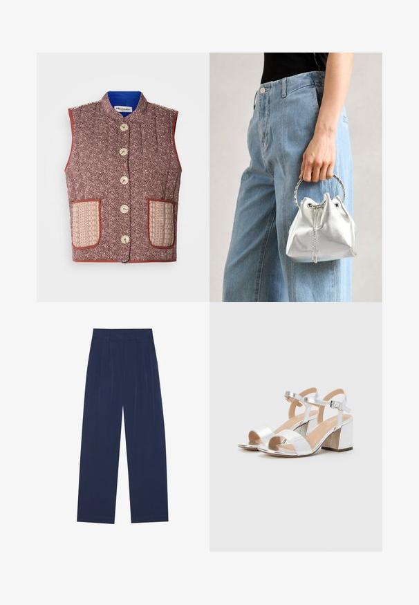 Izšūts veste ar ziedu audumu uz bordo pamata, ar bēšu rakstainām kabatām un lieliem krēmkrāsas pogām, pabeigta ar zilu oderi.; Svītrainā džemperis mīkstā adījumā, ar maiņojošām tumši zilām un beigtām svītrām, ribota apkakle, aproces un apakšmalā. Klasiska apļa kakla dizains.; Tumši zili platleņķa bikses, kas izgatavotas no mīksta auduma, ar priekšējo krokām, gludu tekstūru un taisnu piegriezumu bez redzamām kabatām.; Sudraba augstpapēžu sandales ar atvērtām pirkstiem, ar divām platām siksnām un noapaļu blokpapēdi. Gluda tekstūra ar metalizētu apdari.; Metāliskā sudraba somiņa ar teksturētu apdari, rotāta ar sudraba apaļu rokturi un aukliņu aizdari, turēta pretī gaišziliem džinsiem.