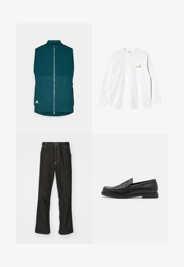 Bez piedurknēm, tumši zila jaka ar pilnu priekšējo rāvējslēdzēju, augstu apkakli un nelielu baltu logo zem apakšējās kreisās malas.; Gari garām piedurknēm balts kokvilnas T-krekls ar apaļu kakla izgriezumu, ar nelielu dzeltenu un bordo logotipu kreisajā krūtī. Bezšuvju aproces un apakšmala.; Melni džinsi ar brīvu piegriezumu, ar kontrastējošu baltu diegu, pogu aizdari un taisnu kāju dizainu.; Melnas ādas loafers ar elegantu dizainu, apaļu purngalu, izšūtu apdari un zemu bloku papēdi. Gluda tekstūra un minimāli akcenti.