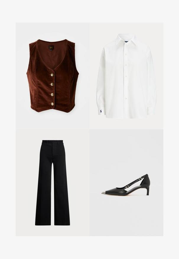 Rudas kordurojinis berankovis didelio V formos iškirptės viršus su penkiais auksiniais mygtukais, tekstūruota paviršiumi ir prigludusia forma.; Balta mygtukinėmarškinė su ilgomis rankovėmis, klasikinis apykaklė ir mažas mėlynas logotipas ant rankovės. Lygus medvilnės audinys, tvirtas prigludimas.; Juodos plačios kojos kelnės, pagamintos iš audinio, su aukštu liemeniu, priekiniais mygtukais ir šoniniais kišenėmis. Sklandus paviršius su švariomis linijomis.; Juodos odos bateliai su žemu kulniuku, smailiu sidabro spalvos pirštinės gaubtu ir dvigubais dirželiais, ant balto fono.