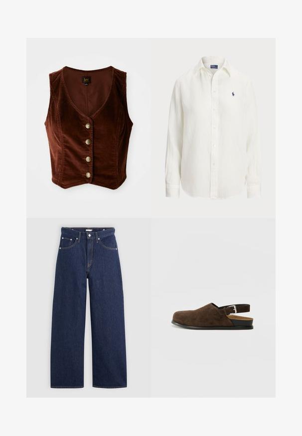 Rudas kordurojinis berankovis didelio V formos iškirptės viršus su penkiais auksiniais mygtukais, tekstūruota paviršiumi ir prigludusia forma.; Balta liniška marškiniai su ilgomis rankovėmis, mygtukų užsegimu priekyje ir apykakle. Vientisą krūtinės dalyje puošia mažas mėlynas išsiuvinėtas logotipas.; Tamsiai mėlyni plačiakojai džinsai su aukštu liemeniu, turintys penkis kišenes, dirželių kilpas ir vario siuvinėjimo detales. Lygus paviršius.; Rudos suede'o slip-on tipo batai su žemu kulnu, reguliuojama juosta su sidabriniu sagtimi ir juodu guminimu padu.