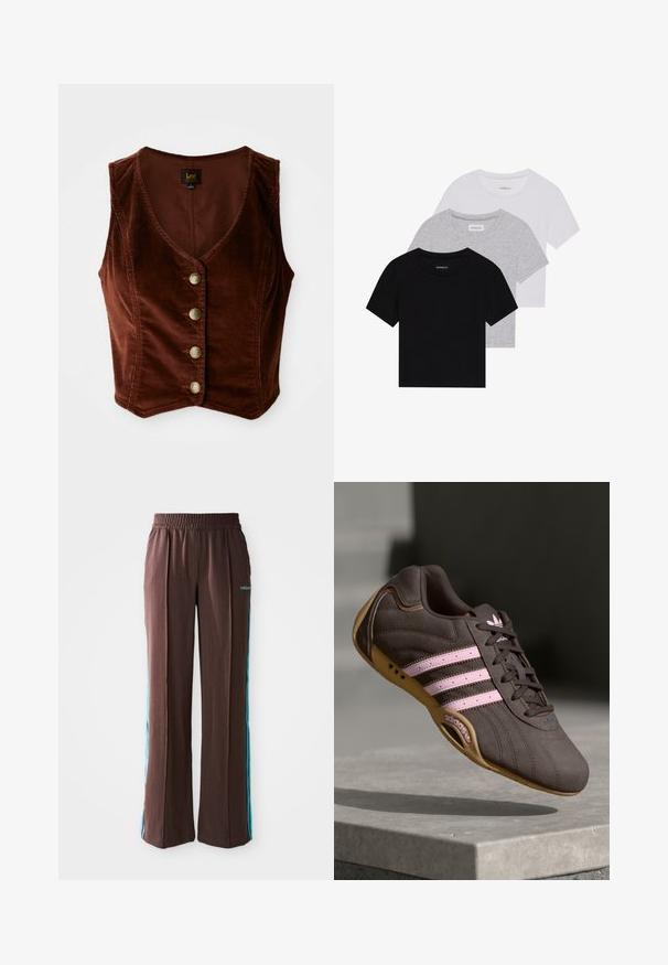 Smeđi kupusasti top bez rukava s dubokim V-izrezom i pet zlatnih gumba, s teksturiranom površinom i prilagođenim dizajnom.; Set od tri majice kratkih rukava u crnoj, sivoj i bijeloj boji. Izrađene od pamuka, s okruglim izrezom i jednostavnim, jednobojnim dizajnom.; Smeđe atletske hlače s rebrastom teksturom, elastičnim pojasom i tirkiznim bočnim trakama. Na prednjem dijelu nalazi se adidas logo.; Smeđi suedeski atletski tenisice s ružičastim prugama i logotipom, s teksturiranim gornjim dijelom, vezanjem na vezice i gumiranim potplatom.