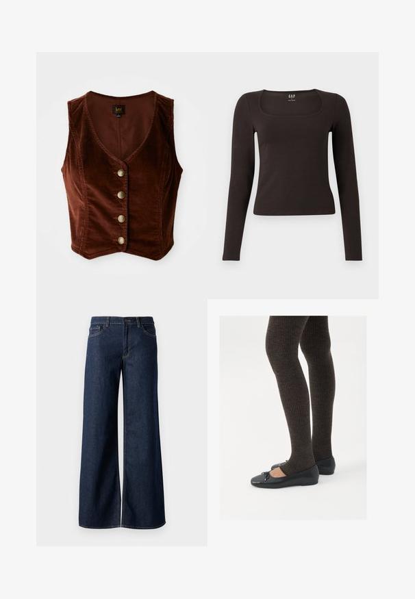 Barna kordbársony ujjatlan blúz mély V-nyakkivágással és öt arany gombbal, texturált felülettel és testhezálló fazonnal.; Fekete, hosszú ujjú, elasztikus felső négyzet alakú dekoltázzsal, GAP felirattal, fehér háttér előtt bemutatva.; Sötét kék farmer széles lábú nadrág. Kontrasztos varrással, öt zsebhálóval és gombos derékzárással rendelkezik. Simás textúra.; Fekete lapos cipők kis masni díszítéssel az orrán, sötétbarna bordázott harisnyával párosítva. A cipők sima textúrával és alacsony profilúak.