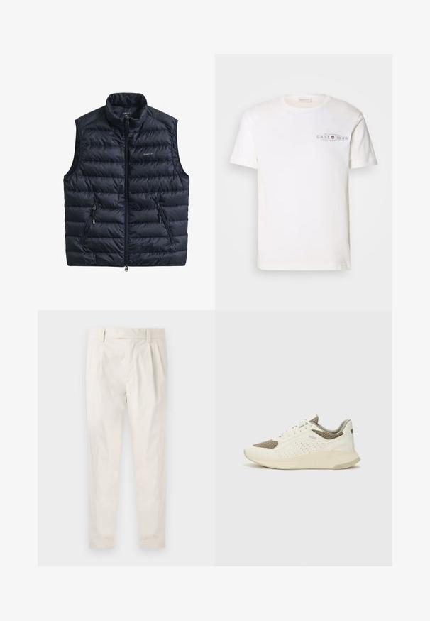 Tmavě modrá prošívaná vesta s vysokým límcem, předním zipem a dvěma kapsami na zip po stranách. Vyrobena z lehké tkaniny s prošívanou strukturou.; Bílý bavlněný tričko s kulatým výstřihem, krátkými rukávy a potiskem loga. Mít minimalistický design a volný střih.; Bílé, plisované kalhoty s upraveným střihem, které mají hladkou texturu, poutka na opasek a zúžené nohavice. Bez viditelných kapes nebo vzorů.; Bílé a světle béžové atletické tenisky, které mají síťovaný svršek, perforované detaily a texturovanou mezipodešev s logem na patě.