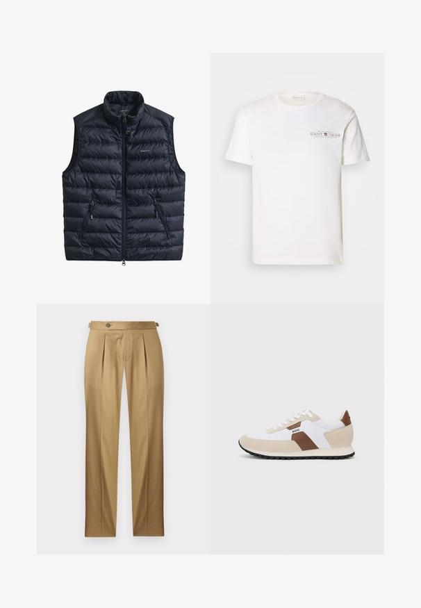 Tumši zila vītņa veste ar augstu apkakli, priekšējo rāvējslēdzēju un divām sānu kabatām ar rāvējslēdzējiem. Izgatavota no viegla auduma ar šūtu faktūru.; Balta kokvilnas T-kreklu ar apaļu kakla izgriezumu, īsām piedurknēm un ar apdrukātu logotipu. Iezīmē minimālistisku dizainu un brīvu piegriezumu.; Bēša krāsas bikses ar taisnu piegriezumu, ar krokām, pogas aizdari un jostas cilpām. Gluda auduma ar tīru, šūtu izskatu.; Sneakeri, kas izgatavoti no balta sieta un beigu zamšas ar brūnu ādas akcentu. Apaļa purngala forma, plakana gumijas zole un auklu dizains.