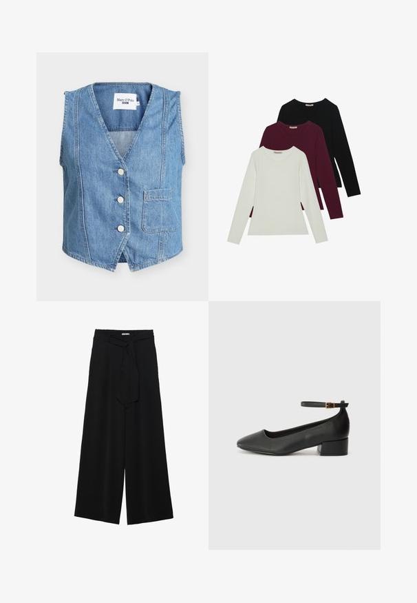 Jeans brezrokavnik svetlo modre barve z v-izrezom, petimi okroglimi gumbi in sprednjim žepom. Ima tonirano šivanje in nima rokavov.; Majice z dolgimi rokavi v beli, burgundski in črni barvi. Narejene so iz mehke tkanine, imajo okroglo izrez in prilegajoč kroj. Primerne so za plastenje.; Črne široke hlače iz teksturirane tkanine, z elastičnim pasom in odstranljivim trakom na pasu za prilagodljivo prileganje.; Črne usnjene pumpice z nazobčanimi prsti in nizko blokasto peto. Imajo trak okoli gležnja z zaponko v zlatem tonu. Gladka tekstura.