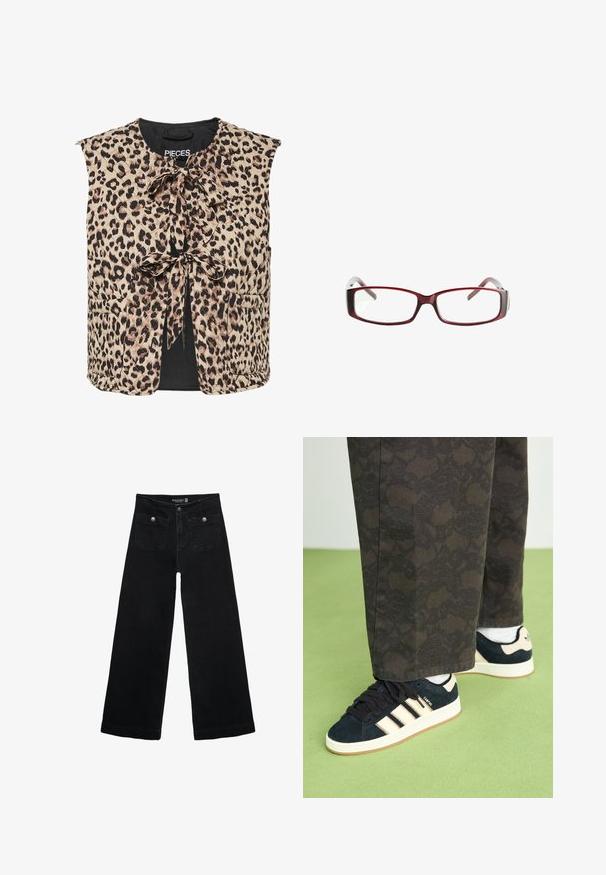 Weste im Leopardenmuster mit gebundenem Ausschnitt, ärmellosem Design und zwei Fronttaschen. Hergestellt aus leichtem Stoff mit glatter Textur.; Langarm-Crop-Top in Dunkelblau, aus leichtem Stoff, mit einem runden Ausschnitt und einer glatten, gleichmäßigen Textur.; Schwarze, weit geschnittene Jeans mit hoher Taille, die zwei Fronttaschen und metallene Knopfakzente aufweist. Der Stoff hat eine glatte Textur.; Schwarze und gemusterte Hosen kombiniert mit marineblauen Wildledersneakern, die cremefarbene Streifen und weiße Sohlen haben. Die abgebildeten Oberflächen sind strukturiert und flach.; Rote rechteckige Brille mit schlankem Design. Klare Gläser, leicht durchsichtige Bügel und ein Verlaufseffekt von Rot zu Grau.