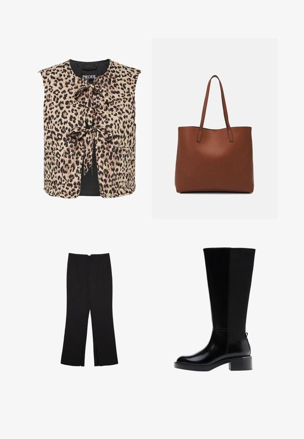 Liivin leopardikuosis, jossa on solmittava kaula-aukko, hihaton muotoilu ja kaksi etutaskua. Valmistettu kevyestä kankaasta, jossa on sileä pinta.; Mustat pitkät hihat lyhyt toppi, jossa on pyöreä kaula-aukko, yksinkertainen muotoilu ja hieman kaareva helma.; Mustat housut suoralinjaisella leikkauksella, joissa on etutaskut ja sivurei'ät helman alla. Valmistettu pehmeästä ja sileästä kankaasta. Sopii eri tilaisuuksiin.; Musta polven korkeudelle ulottuva saapas, jossa on sileä nahkapinta, näkyvät saumat, mahtava korko ja teksturoitu takapaneeli lisäyksinä.; Ruskea nahkainen olkalaukku, jossa on sileä pinta, avoin yläosa ja kaksi olkahihnaa. Omaavat vain minimaalisen ompelun eikä näkyvää metalliosaa.