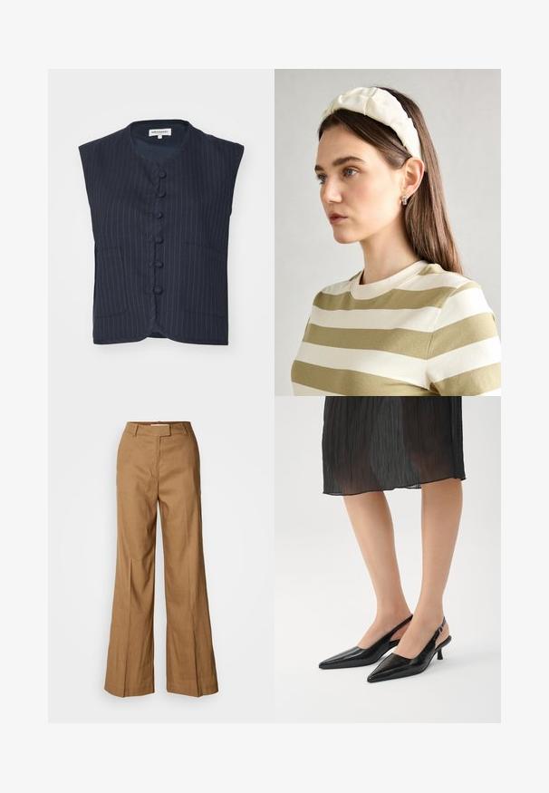 Sleeveless dark navy vest made of fabric with vertical pinstripes, featuring a v-neck, front buttons, and two front pockets.; Long-sleeve, round-neck top in soft, lightweight white fabric with a relaxed fit. Features a clean hem and no visible hardware.; Brown wide-leg pants made of lightweight fabric. Features a flat front, belt loops, and a tailored silhouette with an ankle-length cut.; Black pointed-toe slingback heels with a glossy finish, slender heel, and open back design. Textured pattern on the upper material.; Cream padded headband with twisted design, paired with a beige and white striped shirt featuring a round neckline. Subtle jewelry accents.