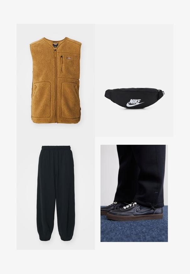 Καφέ γιλέκο από Sherpa φλις με μπροστινό φερμουάρ, τρεις τσέπες και μία μικρή ετικέτα λογότυπου στην επάνω αριστερή πλευρά του θώρακα.; Μαύρο αθλητικό σουτιέν με στρογγυλή λαιμόκοψη και σχέδιο racerback. Διαθέτει ενισχυμένη ζώνη στη μέση με λευκή επωνυμία "carhartt". Μαλακή υφή υφάσματος.; Μαύρες, φόρμες με ελαστική μέση και χαλαρή εφαρμογή, με ρεβέρ στους αστραγάλους, λεία υφή και χωρίς ορατά μοτίβα ή αξεσουάρ.; Nike Sportswear KILLSHOT 2 LTR PRM OPP2 - Αθλητικά παπούτσια - black sail baroque brown mtlc dk grey; Μαύρη νάιλον τσάντα μέσης με κλείσιμο φερμουάρ, διαθέτει μεγάλο λευκό λογότυπο Nike. Λείος υφή και εργονομικός σχεδιασμός για άνετη χρήση.