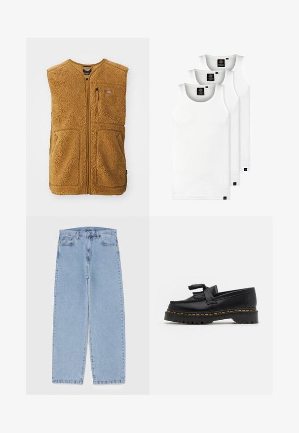Colete de sherpa de alta qualidade castanho, com fecho frontal, três bolsos e um pequeno emblema no peito esquerdo superior.; Três tops em algodão de alças brancas com nervuras. Apresentam um decote redondo e pequenas etiquetas pretas perto da bainha. Disponíveis em vários tamanhos.; Jeans de denim azul claro com design de perna reta, apresentando uma cintura de altura média, cinco bolsos e um fecho de botão e zíper.; Mocassim de couro preto com um detalhe de franjas, apresentando uma sola preta robusta e costura amarela ao longo da borda. Acabamento texturizado.