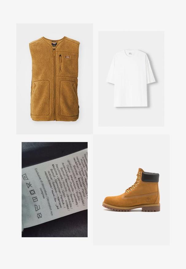 Brown sherpa fleece vest with front zipper, three pockets, and a small logo patch on the upper left chest.; White short-sleeved t-shirt made from cotton, featuring a round neckline and a relaxed fit. Smooth texture, with no visible patterns or accents.; Label tag with multi-language text, care symbols, and recycling icons, printed on a soft fabric-like material in light color.; Tan suede ankle boot with black padded collar, gold metal eyelets, white stitching detailing, and rugged rubber sole with pronounced treads.