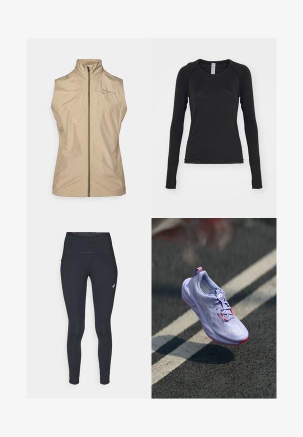 Íjbeige ujjatlan mellény magas gallérral, elülső cipzárral és logóval díszítve. Könnyű, sima anyagból készült, minimalista dizájnnal.; Fekete hosszú ujjú póló, puha anyagból készült. Kerek nyakú és rakott ujjal rendelkezik, az ujjak végén hüvelykujjnak való nyílással. Minimalista dizájn.; ASICS ROAD HIGH WAIST - Téli harisnyanadrág - performance black; Világosszürke futócipő, texturált felsőrésszel, rózsaszín díszítéssel, kerek fűzőrendszerrel és pöttyözött talppal, aszfalt háttér előtt emelve.