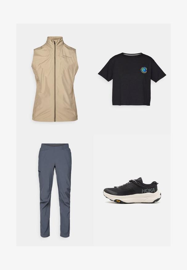 Béžová bezrukávová vesta s vysokým límcem, předním zipem a detaily s logem. Vyrobena z lehké, hladké látky s minimalistickým designem.; Černé bavlněné tričko s krátkým rukávem, na hrudi s kulatým vícBarevným logem. Rovný lem a volný střih.; Šedé sportovní kalhoty s elastickým pasem, dvěma předními kapsami a boční kapsou na zip. Hladký materiál a tapered střih.; Černé sportovní boty s prodyšným síťovaným svrškem, gumovou podrážkou, bílou polstrovanou mezipodrážkou a reflexními tkaničkami. Logo Vibram na podrážce.
