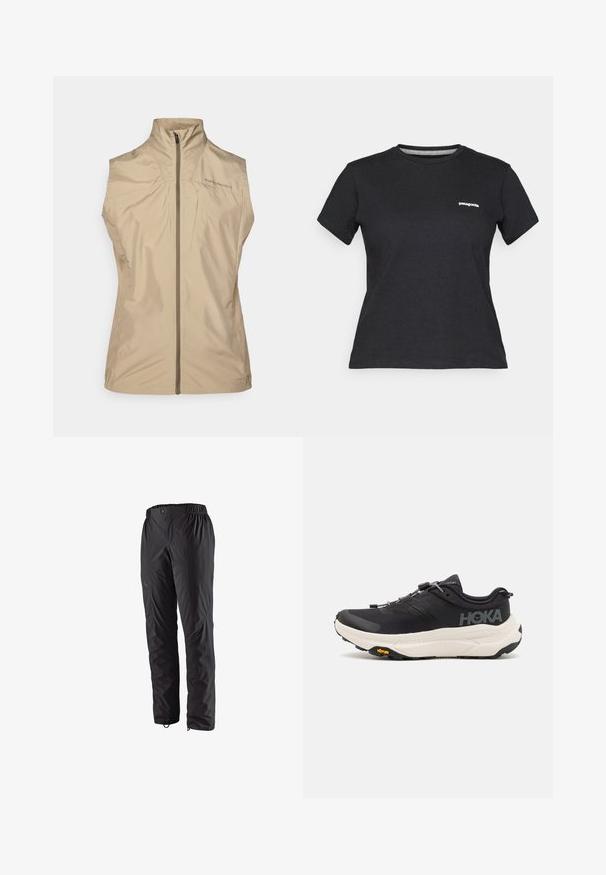Vest bej fără mâneci, cu guler înalt, fermoar frontal și detalii cu logo. Fabricat dintr-un material ușor, neted, cu un design minimalist.; Tricou negru din bumbac, cu gât rotund și mânecă scurtă. Are un logo alb "Patagonia" în zona stângă a pieptului.; Pantaloni impermeabili negri cu talie elastică, buzunare laterale cu fermoar, picioare conice și textură netedă. Potriviți pentru activități în aer liber.; Pantofi sport negri cu un superior din plasă respirabilă, talpă din cauciuc, mijloc de amortizare albă și șireturi reflective. Logo-ul Vibram pe talpă.