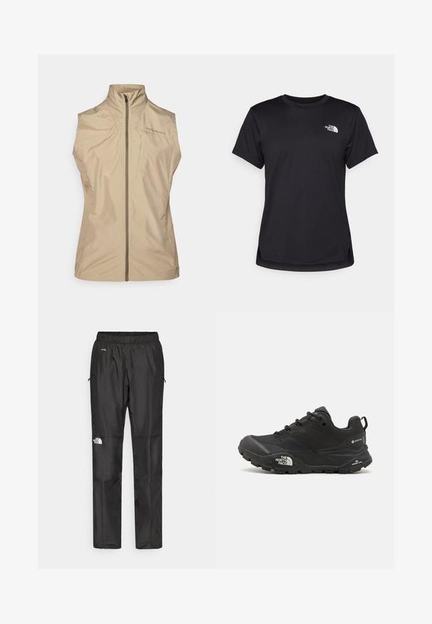 Bež brezrokavnik z visokim ovratnikom, sprednjim zadrgo in podrobnostmi z logotipom. Narejen iz lahke, gladke tkanine z minimalističnim dizajnom.; The North Face FLEX SHORT SLEEVES TEE - Športne majice - black; Črne nepremočljive hlače iz lahkega materiala, z elastičnim pasom, stranskimi žepi in logotipom na levi nogi.; Črne pohodne čevlje z teksturirano zgornjim delom, vezalnim zapiranjem in masivnim gumijastim podplatom, ki ima opazen logotip na strani in vzorce profila.