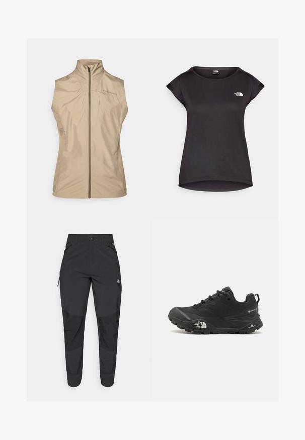 Bež prsluk bez rukava s visokim ovratnikom, prednjim zatvaračem i detaljima s logotipom. Izrađen od laganog, glatkog materijala s minimalističkim dizajnom.; The North Face TANKEN TANK - Sportska majica - black; Crne vanjske hlače izrađene od izdržljivog materijala. Imaju džepove sa zatvaračem, ojačane paneli na koljenima i ravni kroj za slobodu pokreta.; Crne planinarske cipele s teksturiranim gornjim dijelom, zatvaranjem na vezivanje i debelim gumenim potplatom koji sadrži istaknuti logo na strani i uzorke na gaznom sloju.