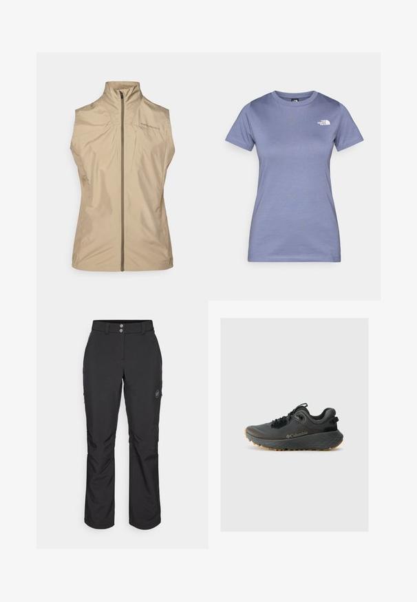 Beeži ilma varrukateta vest kõrge kaelusega, ees lukk ja logo detailidega. Valmistatud kergest, siledast kangast minimalistliku disainiga.; Heledalt lavendli lühikeste varrukatega t-särk, mis on valmistatud puuvillast, ümarat kaelust ja rinnal väike valge logo. Sile tekstuur.; Mustad mustad püksid sirge lõikega, millel on nööbiga kinnitamine, lukuga küljetaskud ja logomärk vasakul reiel.; Columbia TERRASTRIDE CRZ - Matkajalatsid - shark/black