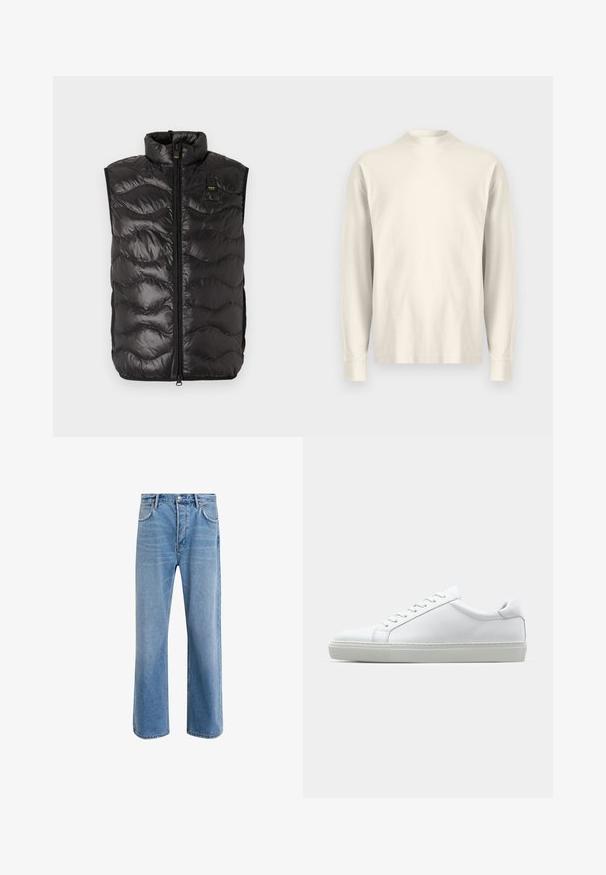 Svart pufferväst med hög krage, quiltat mönster, framdragkedja och sidofickor. Tillverkad av lätt, reflekterande material.; Långärmad tröja med hög krage i ljus gräddfärgad bomull. Slät struktur, avslappnad passform, minimalistisk design, utan synliga mönster eller detaljer.; Ljust blå denimjeans med rak passform, fem fickor, knappstängning, minimal blekning och kontrasterande sömdetaljer.; Vit sneaker med en slät läderövre och låg profil. Har en rundad tå, sex snörhål och en strukturerad gummisula.