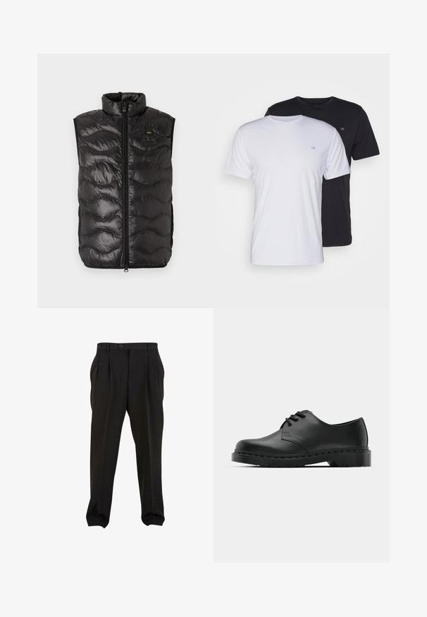 Mustat puffertiliivi korkealla kauluksella, tikattu muotoilu, edessä vetoketju ja sivutaskut. Valmistettu kevyestä, heijastavasta materiaalista.; Kaksi puuvillan t-paitaa, valkoinen ja musta, lyhythihaiset ja pyöreällä kaula-aukolla, joissa on pieni logo rinnassa, sileä pinta.; Mustat housut sileällä kankaalla, etupuolelta laskostetut, napilla varustettu vyötärö ja kapenevat nilkkaleikat. Klassinen hyvin istuva siluetti.; Musta nahkainen oxford-kengät, joissa on nauhakiinnitys, pyöreä kärki, litteä kumipohja ja hillitty ompelutaito yläosassa.