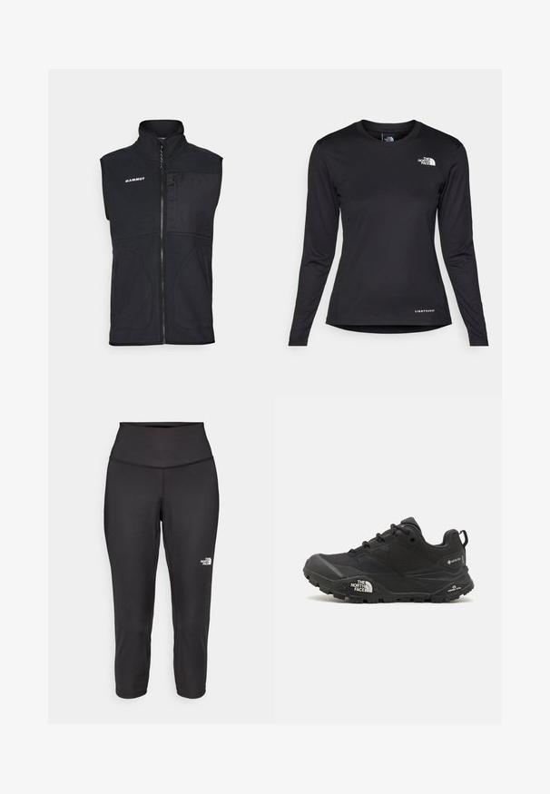 Colete preto sem mangas com colarinho alto, fecho frontal em zíper e um tecido texturizado subtil. Apresenta bolsos laterais e um logotipo da marca no peito.; The North Face SHADOW LONG SLEEVE - Camisola de manga comprida - black; Leggings capri pretos feitos de um tecido elástico, com uma cintura alta e um pequeno logótipo branco no lado esquerdo. Textura suave.; Shoe de caminhada preto com um upper texturizado, fecho de atacador e uma sola de borracha robusta com um logótipo proeminente na lateral e padrões de piso.