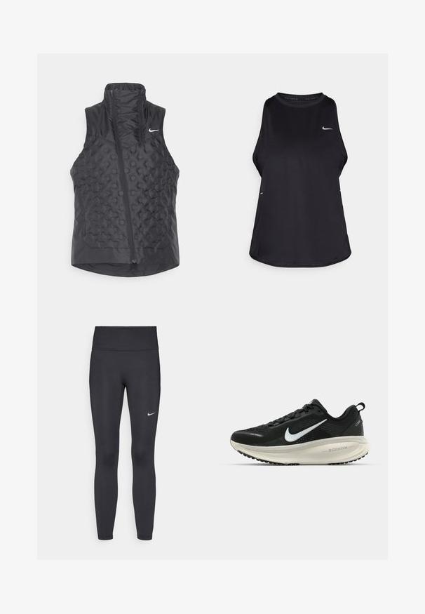 Schwarze ärmellose Weste mit hohem Kragen, mit einer gesteppten Textur und einem Reißverschluss vorne. Nike-Logo in Weiß auf der oberen linken Seite.; Schwarzes ärmelloses Lauf-Tanktop aus leichtem Material mit Rundhalsausschnitt; verfügt über ein dezentes Logo und Seitenschlitze für Atmungsaktivität.; Schwarze Leggings aus elastischem Stoff, mit einem hohen Bund und einem weißen Nike-Logo auf dem linken Oberschenkel. Glatte Textur, figurbetontes Design.; Schwarzer Nike-Laufschuh mit atmungsaktivem Mesh-Obermaterial, weißem Swoosh-Logo, strukturierten Details und einer cremefarbenen ZoomX-Zwischensohle.