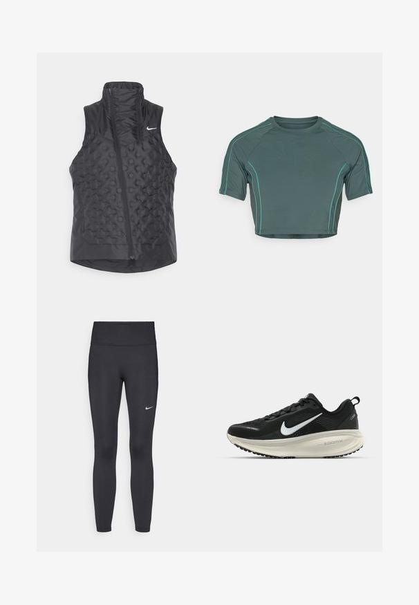 Zwarte mouwloze vest met een hoge kraag, voorzien van een gewatteerde textuur en een rits aan de voorkant. Nike-logo in het wit op de bovenste linkerzijde.; Crop top van donkergroene stof met korte mouwen, contrasterende lichtgroene stiksels en een ronde halslijn met een aansluitend ontwerp.; Zwarte legging van rekbare stof met een hoge tailleband en een wit Nike-logo op de linkerdij. Gladde textuur, aansluitend ontwerp.; Zwarte Nike hardloopschoen met ademend mesh bovenwerk, witte swoosh-logo, gestructureerde details en een crèmekleurige ZoomX middenzool.