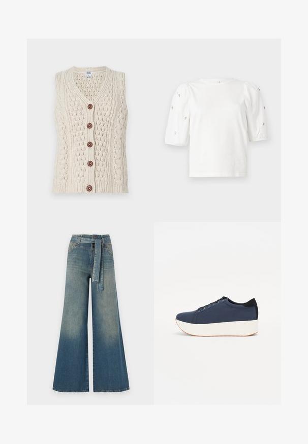 BDG Urban Outfitters BUTTON CABLE - Mellény - cream; Fehér pamut póló rövid puffos ujjakkal, a ujjain kicsi ezüst díszítések találhatók. Klasszikus kerek nyakú, laza fazonú.; Bőszárú farmernadrág, világos és sötétkék árnyalatokkal, magas derekú, övgyűrűkkel és a nadrággal megegyező anyagú övvel. Textúrált farmer kivitel.; Sötétkék sportcipő, texturált szövet felsőrész, fehér platform talp, lekerekített orr és fekete sarok akcentussal. Hat fűzőlyuk található rajta.
