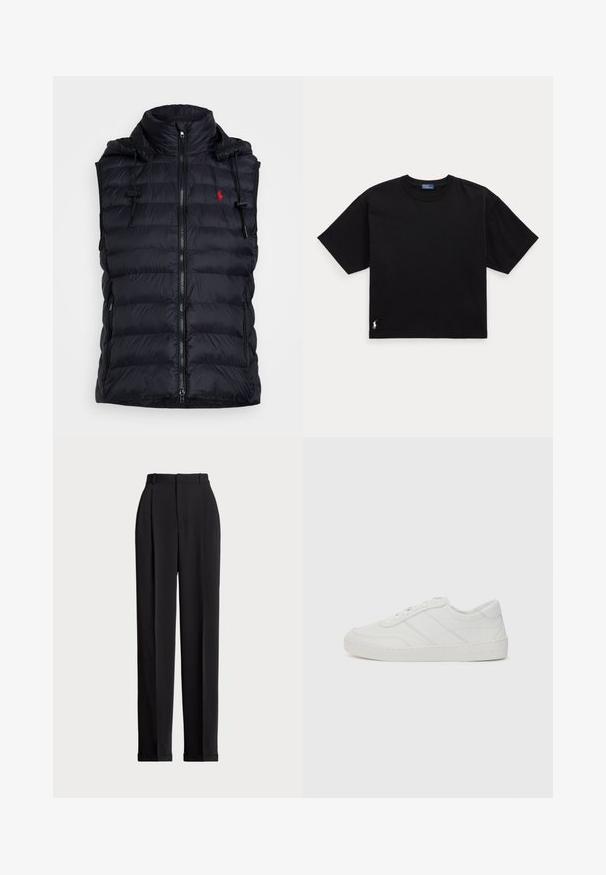 Colete puffer preto com capuz, fecho de zip, bolsos laterais e logotipo vermelho. Apresenta uma textura acolchoada e cordões ajustáveis.; Camiseta preta de algodão com mangas curtas, decote redondo e um pequeno logótipo branco na parte inferior esquerda. Ajuste clássico e descontraído, com detalhes mínimos.; Calças pretas ajustadas com uma cintura alta, apresentando pregas na frente, um design de perna reta e bainha com punho. Feitas de tecido suave.; Sapatilha de couro branco com atacadores planos, bico arredondado e detalhes de costura subtis. Apresenta uma sola texturizada e um logótipo da marca em relevo no calcanhar.