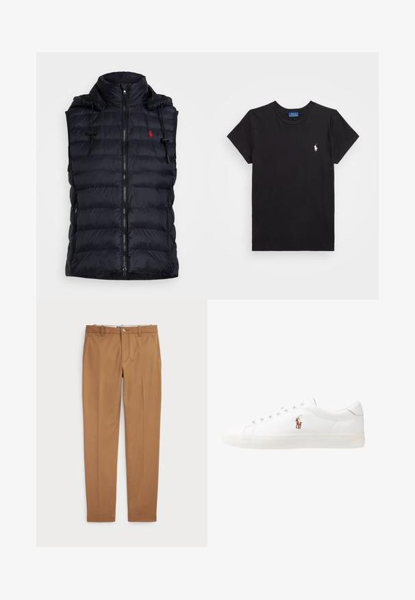 Črna napihljiva bunda s kapuco, zadrgo, stranskimi žepi in rdečim logotipom. Ima kviltano teksturo in nastavljive vrvice.; Črna bombažna majica s krožnim izrezom, kratkimi rokavi in belim vezenim logojem na levem prsnem delu. Gladka tekstura, ležeren dizajn.; Rjave bombažne hlače s slim-fit obliko, ravnim sprednje delom in standardnimi žepi; gladka tekstura in obrobljeni robovi.; Bela usnjena teniski čevlji, nizki model, z gladko teksturo, okrogle konice, vezavi spredaj ter majhnim vezenim logotipom na strani.
