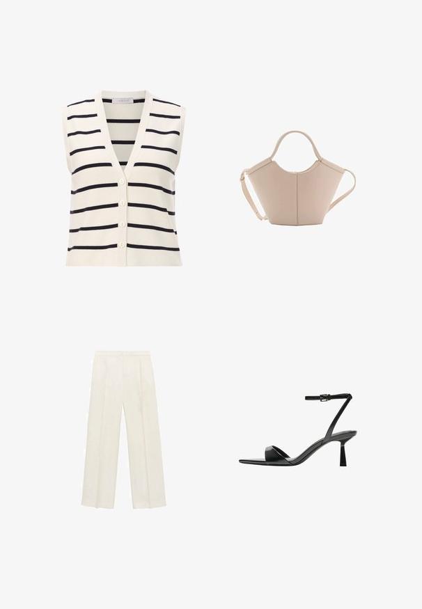 Gilet senza maniche a righe, con scollatura a V, realizzato in un tessuto a maglia leggero. Base crema con righe orizzontali blu scuro e quattro bottoni.; Maglione lavorato a maglia color marrone scuro con scollo rotondo, spalle scese, polsini e orlo a coste, caratterizzato da una morbida texture e una vestibilità comoda.; Pantaloni a gamba larga di un leggero colore crema. Realizzati in un tessuto morbido con pieghe sul davanti e tasche laterali.; Bershka Sandali con tacco - black; Borsa in pelle beige con una forma unica, caratterizzata da due manici corti e una lunga tracolla regolabile. Texture liscia con hardware minimale.