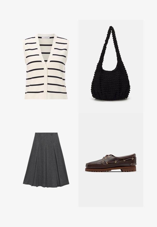 Bezrukávový pruhovaný top s výstrihom do V, vyrobený z ľahkej pleteniny. Smotanový základ s tmavomodrými horizontálnymi pruhmi a štyrmi gombíkmi.; Skrátená košeľa s gombíkmi s modro-bielymi vertikálnymi pruhmi a textúrovaným povrchom, špicatým golierom a manžetami na jeden gombík.; Šedá plisovaná sukňa s rozšíreným tvarom, vyrobená z jemnej látky. Obsahuje vertikálne plisovanie a hladký pás pre upevnený vzhľad.; Hnedé kožené loďkové topánky so zlatými očkami, okrúhlymi šnúrkami a štruktúrovanou hnedou gumovou podrážkou. Obsahuje prešívané detaily a vyvýšené logo.; Čierna textúrovaná taška z látky s jedným skrúteným popruhom, ktorá má nadýchaný tvar a nariasený povrch.