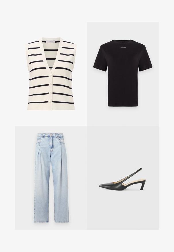 Kätisedeta triibuline vest, millel on V-kaelus, valmistatud kergest kudumist. Kreemja aluse ja tumesiniste horisontaalsete triipudega ning neli nööpi.; Must musta t-särk lühikeste käistega, ümberringi kaelusega ja väikese valge "Calvin Klein" logo'ga rinnal. Sile tekstuur, klassikaline lõige.; Heledad sinise denimist valmistatud teksapüksid kõrge vöökohaga, laia jala lõikega, kahe külje taskuga ja pleedi disainiga. Pehme tekstuur ja pleekinud viimistlus.; Must mustaga, terav varvas, madala kontsaga sildiga king, mis on valmistatud siledast nahast ja mille küljel on lõike disain hingavuse tagamiseks.