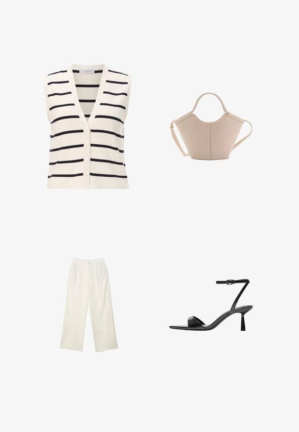 Ärmellose gestreifte Weste mit V-Ausschnitt, aus leichtem Strickstoff. Cremefarbener Grund mit dunkelblauen horizontalen Streifen und vier Knöpfen.; Schwarzes ärmelloses Crop-Top aus glattem Stoff, mit rundem Ausschnitt und einem klaren, schlichten Design ohne Muster oder Beschläge.; Helle Stoffhose mit weitem Bein und glatter Textur, ausgestattet mit einem einzelnen Knopf vorne, dezenten Falten und einem Hochbund-Design.; Bershka High Heel Sandalette - black; Beige Lederhandtasche mit einer einzigartigen Form, die zwei kurze Henkel und einen langen verstellbaren Riemen aufweist. Glatte Textur mit minimalen Hardware-Elementen.