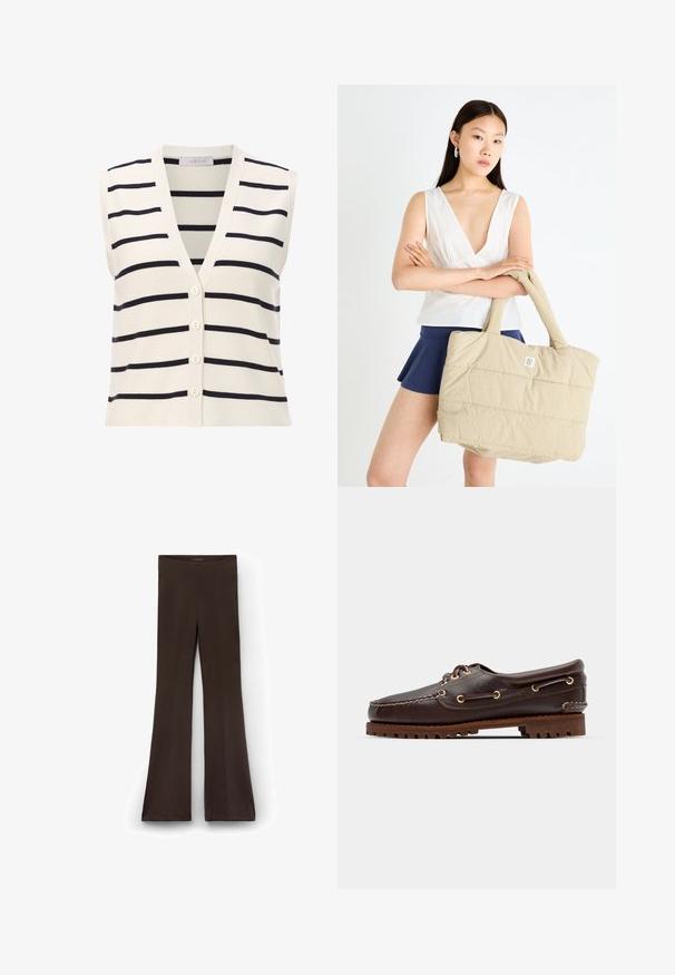 Ärmellose gestreifte Weste mit V-Ausschnitt, aus leichtem Strickstoff. Cremefarbener Grund mit dunkelblauen horizontalen Streifen und vier Knöpfen.; BraunesLangarm-Poloshirt mit horizontalen weißen Streifen, einem kontrastierenden weißen Kragen und einer Knopfleiste mit drei Knöpfen. Weicher Stoff.; Braune, ausgestellte Hose aus dehnbarem Stoff mit hohem Bund. Glatte Textur mit Nahtdetails, die die Beine hinunterlaufen.; Braune Lederbootsschuhe mit goldenen Ösen, runden Schnürsenkeln und einer strukturierten braunen Gummisohle. Verfügt über genähte Details und ein erhabenes Logo.; Beige Stepp-Tasche mit gepolstertem Textur und stabilen Griffen, mit einem kleinen Logo auf der Vorderseite. Modell trägt ein weißes Oberteil und einen marineblauen Rock.