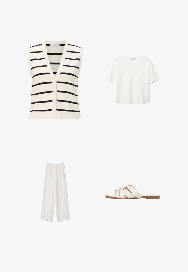 Ärmellose gestreifte Weste mit V-Ausschnitt, aus leichtem Strickstoff. Cremefarbener Grund mit dunkelblauen horizontalen Streifen und vier Knöpfen.; Weißes T-Shirt mit kurzen Ärmeln aus Baumwolle. Hat einen Rundhalsausschnitt und eine lockere Passform. Glatte Textur ohne sichtbare Muster oder Akzente.; Weiße weit geschnittene Hose aus leichtem Stoff. Mit einem elastischen Bund und Kordelzug sowie Seitentaschen. Glatte Textur.; Flache Sandalen mit einer honigfarbenen Gummisohle, gestaltet mit drei überlappenden weißen Lederriemen und einem kleinen Schleifendetail in der Mitte.