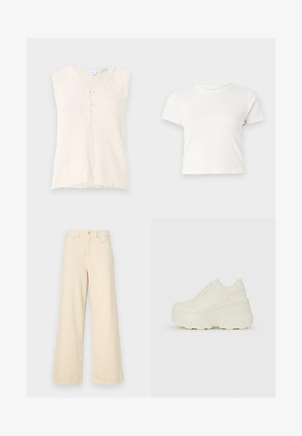 Colete sem mangas, de cor creme, com decote em V, feito de tecido texturizado, apresentando três botões frontais e uma bainha reta.; T-shirt branca curta feita de algodão, com mangas curtas, um decote redondo e uma bainha reta, apresentando uma textura suave e um design minimalista.; Jeans de perna larga bege feitos de algodão. Apresentam um fecho de botão, passadores para cinto e bolsos frontais com uma textura lisa e suave.; Tênis brancos de plataforma com um cabedal suave semelhante a couro, formato arredondado, colarinho acolchoado e sola de borracha texturizada com ranhuras bem definidas.