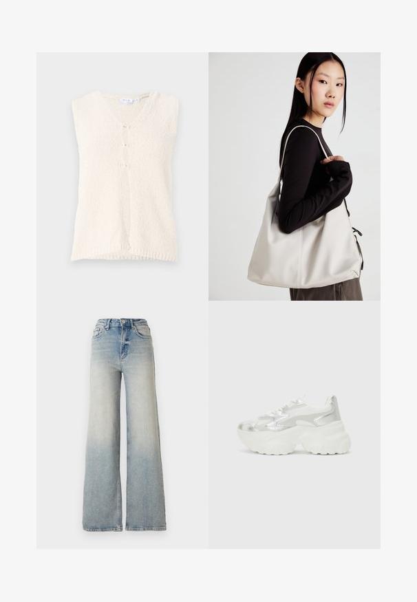 Hüpanäg ahv, kreemika värviga, V-kaelusega, valmistatud struktuursetest kangast, millel on kolm esist nuppu ja sirge alläär.; Valge lühikese varrukaga T-särk, mis on valmistatud puuvillast, kaunistatud pitsiga varrukate ääres ja ümmarguse kaelusega.; Heledad sinine laia säärega teksapüksid, mis on valmistatud denimist, kõrge vöökoht, viis taskut ja nähtav õmblemine õmbluste ääres.; Hõbedane sneaker, millel on tekstuuriga võrgust ülemine osa ja iridesSentne aktsent, pakub tummist valget tallat ja nööridega sulgemist.; Bež käekott pehme materjali, millel on lõtv disain, õmblustega detailid ja kaks õlarihma. Sobib igapäevaseks kasutamiseks.