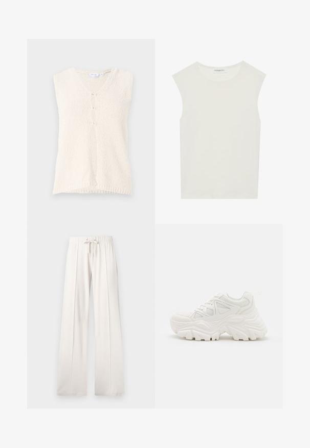 Hihaton, kermavärinen liivi, jossa V-pääntie, valmistettu teksturoidusta kankaasta, jossa on kolme etupainiketta ja suora helma.; Valkoinen hihaton paita, jossa on pyöreä kaula-aukko. Valmistettu sileästä kankaasta, siinä on rento istuvuus ja minimalistinen muotoilu. Ei kuvioita tai koristeita.; Vaaleanbeiget collegehousut, joissa on pehmeä kangas, nyörikuja vyötäröllä, leveät lahkeet ja pystysaumat, sekä sileä pinta.; Valkoiset paksut lenkkarit, joissa on teksturoitu päällinen, verkkomaiset paneelit ja paksut kumipohjat, joissa on merkittävä kuviointi. Nauhat ja vetotappi mukana.