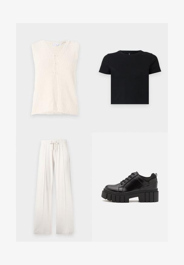 Hüpanäg ahv, kreemika värviga, V-kaelusega, valmistatud struktuursetest kangast, millel on kolm esist nuppu ja sirge alläär.; Must musta särk lühikeste varrukatega, valmistatud pehmest puuvillast. Omab ümarat kaelust ja kergelt liibuvat disaini. Sile tekstuur ilma mustrite või aksessuaarideta.; Heledad beežid püksid, mis on valmistatud pehmest kangast, millel on paelaga vöökoht, laiad sääred ja vertikaalsed õmblused, lisaks sujuv tekstuur.; Must musta platvormsussid paksu plokkninal, ümmarguse varbaga ja traditsioonilise nööridega kinnitamisega. Sussid on sileda tekstuuriga ja minimaalsete detailidega.