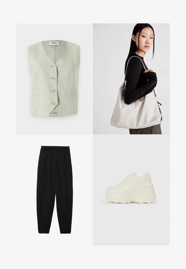 Svijetlozeleni bezrukavnik s V-izrezom, pet dugmadi sprijeda, dva bočna džepa i strukturirantom tkaninom. Jednostavan, krojeni dizajn.; Skraćeni pulover od kremastog materijala, s visokim ovratnikom, zatvaranjem na polovicu munje, elastičnim rubom i manžetama, s glatkom teksturom i minimalnim dizajnom.; Crne, lagane hlače s elastičnom stražnjom pasicom i naboranim gležnjevima. Tkanina je glatka i ima opušteni, suženi dizajn.; Bijele platformske tenisice s glatkim gornjim dijelom koji nalikuje koži, zaobljenim oblikom, podstavljenim okvirom i teksturiranim gumeni potplat s definiranom profilacijom.; Bežna torba od mekog materijala s opuštenim dizajnom, šivanim detaljima i dva remena za rame. Pogodna za svakodnevnu upotrebu.