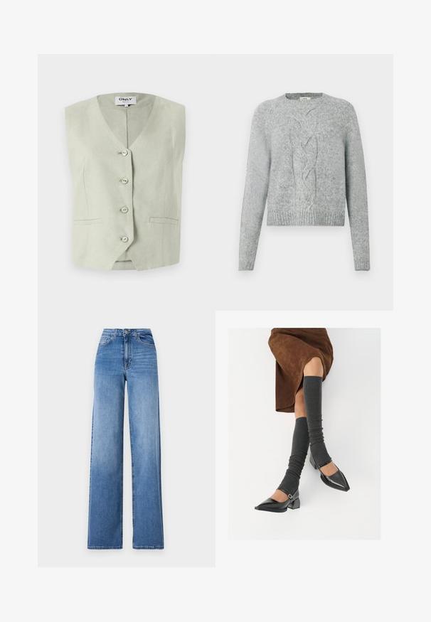 Gaiši zaļa bezpiedurkņu veste ar V veida kaklu, pieci pogas priekšā, divas sānu kabatas un teksturēts audums. Vienkāršs, pielāgots dizains.; Gaišs pelēks adīts džemperis ar garām piedurknēm, apaļu kakla izgriezumu un centrālu pīto rakstu priekšpusē.; Gaiši zili platā kāju džinsi, kas izgatavoti no denima, ar augstu jostasvietu, priekšējiem kabatām un standarta pogu aizdari. Gluda tekstūra.; Melnas laka ādas apavi ar norādītu purngalu, blokveida papēdi un potīšu jostu, saskaņoti ar pelēkām ribotām kāju sildītājām un brūnu zamšādas svārku.