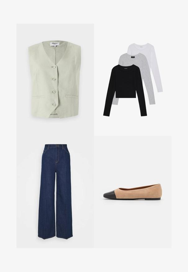 Lys grønn ermeløs vest med V-hals, fem knapper foran, to sidelommer og et teksturert stoff. Enkel, skreddersydd design.; Tre lange ermer t-skjorter stablet: svart, grå og hvit. Hver har en rund hals og et kort design med glatt, lett stoff.; Høyt liv vidbukse i mørk blå denim med front- og baklommer, knappelukking, og synlige sømdetaljer.; Beige semsket ballettsko med svart lær rund tåhette, lav hæl og glatt tekstur, med minimal søm og et rent design.