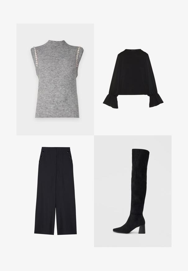 Copenhagen Muse CMIBRA - Väst - light grey; Svart långärmad topp med utställda ärmslut, mjuk textur och avslappnad passform, med en enkel rund halsringning.; Breda byxor i mörkblått tyg med en slät yta, framfickor med veck och dekorativa öljett i guldton på sidofickorna.; Svarta mocka knähöga stövlar med klack, spetsig tå och slät, sömlös design mot en ljus, enfärgad bakgrund.