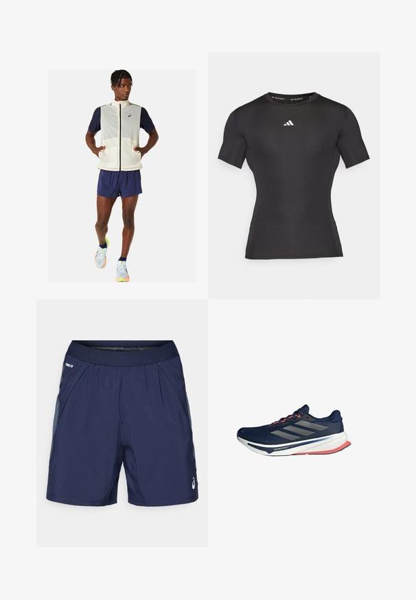 Lichte, mouwloze crèmekleurige vest met marineblauwe mouwen, voorzakken en een hoge kraag. Gecombineerd met marineblauwe shorts en veelkleurige hardloopschoenen.; Zwart sportshirt met korte mouwen, gemaakt van glad, rekbaar materiaal. Heeft een wit logo op de borst en een getailleerd ontwerp.; Marineblauwe sport shorts met elastische tailleband, zijzakken en lichtgrijze accenten. Gemaakt van lichtgewicht, glad materiaal voor comfort.; Marine hardloopschoen met mesh bovenwerk, drie zilveren strepen, rode accenten op veters en buitenzool, gevoerde witte tussenzool, lichtgewicht ontwerp.