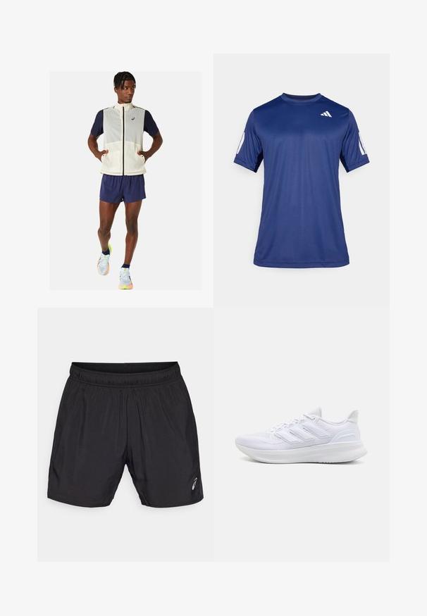 Lättvikts, ärmlös krämfärgad väst med marinblå ärmar, framfickor och hög krage. Tillsammans med marinblå shorts och flerfärgade löpskor.; Marinblåt kortärmad träningsskjorta i ett mjukt tyg, med rund halsringning och en vit logotypdetalj på övre vänstra bröstet.; Svarta atletiska shorts gjorda av lättviktig material, med resårmidja och en liten logga på nedre vänstra sidan.; Vitaidrottsskor i vitt med en texturerad mesh-ovandel, stödjande vadderad sula och tre ränder på sidan.