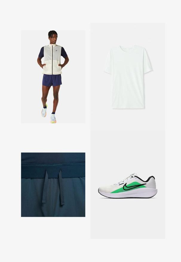 Kevyt, hihaton kerma-colored liivi, jossa on tummansiniset hiharat, etutaskut ja korkea kaulus. Yhdistetty tummansinisiin lyhyisiin housuihin ja monivärisiin juoksukenkihin.; Vihreä mintun värinen lyhythihainen t-paita, joka on valmistettu pehmeästä kankaasta. Siinä on pyöreä kaula-aukko ja yksinkertainen, suora leikkaus ilman koristeita.; Tummansiniset urheilushortsit, joissa on sileä vyötärönauha, säädettävät nauhat ja teksturoitu kangas.; Valkoinen urheilukenkä, jossa on vihreä yksityiskohta, musta logo, verkkomateriaali päälliosassa, pehmustettu pohja ja pyöreä korko. Sisältää nauhat ja kontrastiväriä.