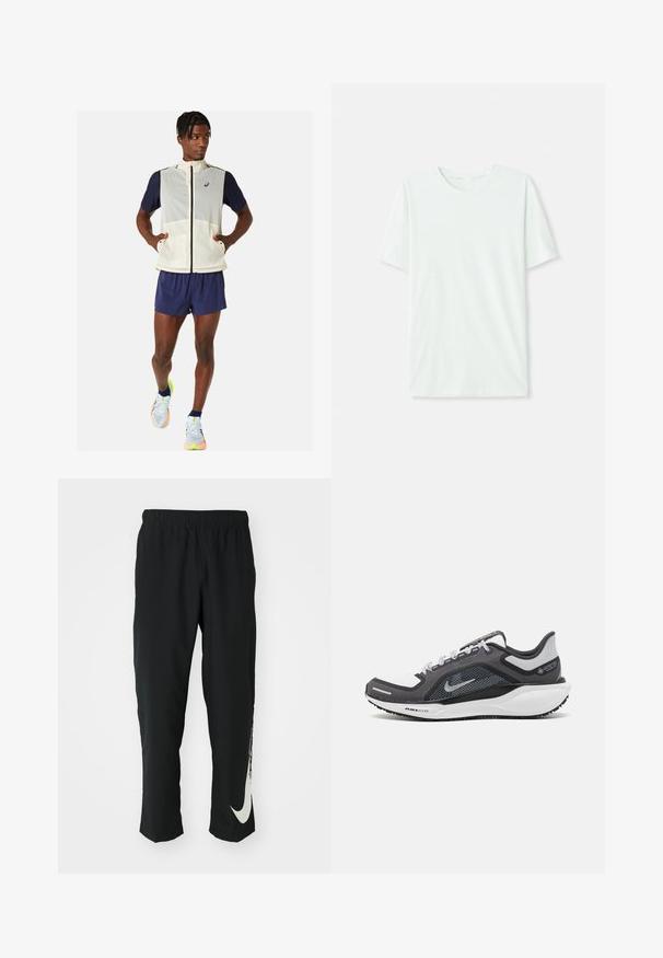 Lekka, bezrękawnikowa kamizelka w kremowym kolorze z granatowymi rękawami, przednimi kieszeniami i wysokim kołnierzem. W połączeniu z granatowymi szortami i wielokolorowymi butami do biegania.; Jasno miętowa koszulka z krótkim rękawem, wykonana z miękkiego materiału. Posiada okrągły dekolt oraz prosty krój bez zdobień.; Czarne spodnie sportowe z elastycznym paskiem, zwężający się fason, z dużym białym logo Nike na lewej nogawce. Miękka, lekka tkanina.; Czarne i szare buty sportowe z siateczkową cholewką, odblaskowymi akcentami i białą podeszwą środkową. Posiadają teksturowaną gumową podeszwę i sznurowadła.