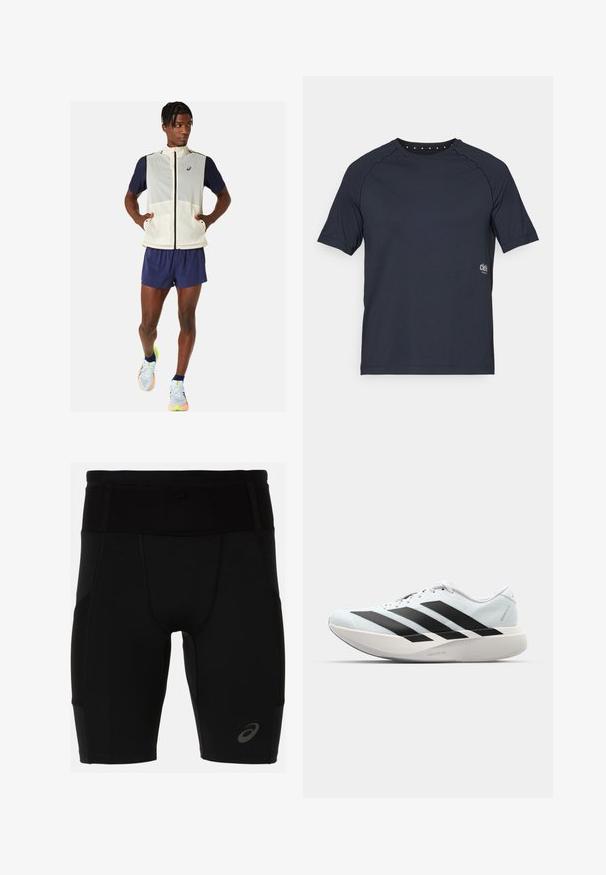 Lichte, mouwloze crèmekleurige vest met marineblauwe mouwen, voorzakken en een hoge kraag. Gecombineerd met marineblauwe shorts en veelkleurige hardloopschoenen.; Donkerblauw short-sleeve t-shirt gemaakt van lichtgewicht stof, met een ronde halslijn en kleine oogjesdetails op de rug en een logo aan de voorkant.; Zwarte sportshorts met een getailleerd ontwerp, gemaakt van glad materiaal. Voorzien van een hoge tailleband en een klein logo op het linkeronderbeen.; Lichte hardloopschoenen in lichtblauw met zwarte strepen. Beschikt over een soepele bovenkant, ronde neusstuk en dikke witte tussenzool met het label "LIGHTSTRIKE PRO."